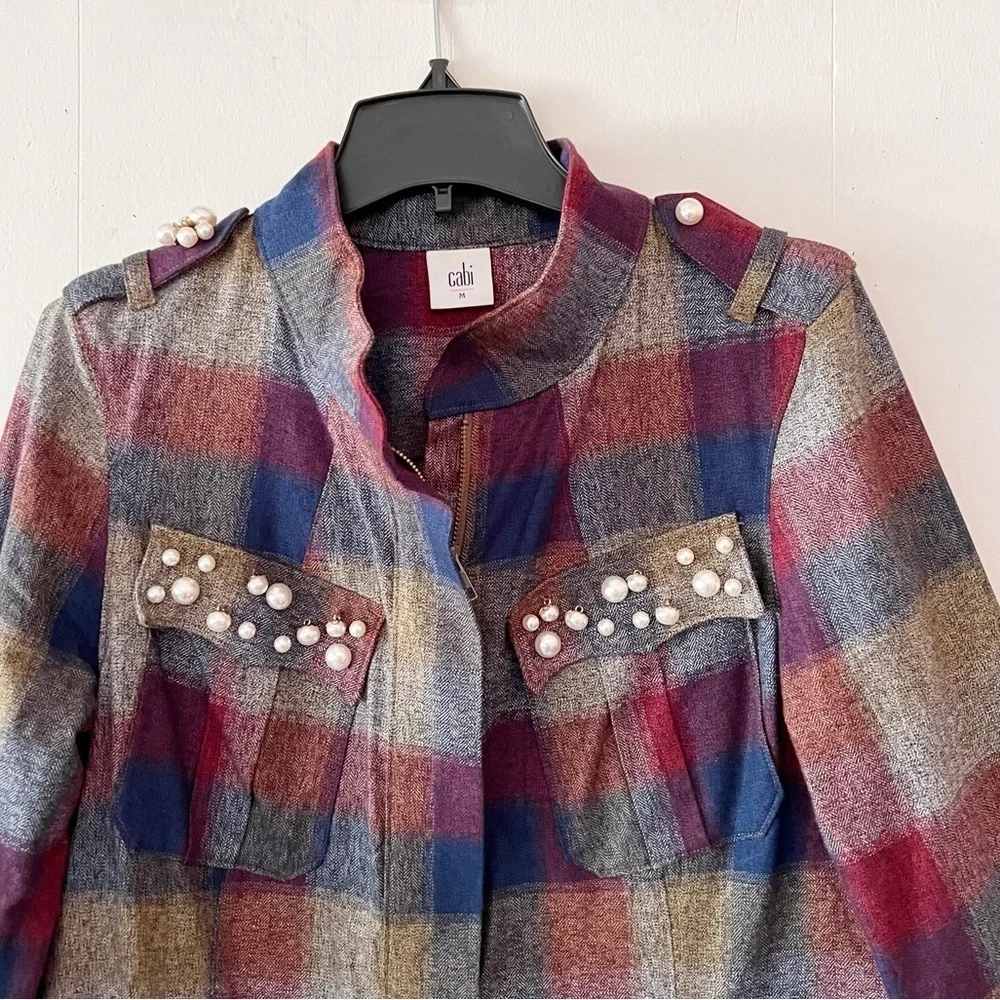 Cabi Plaid Collage Zip Front Jacket with Pearl Embellishment Style 3555 Medium